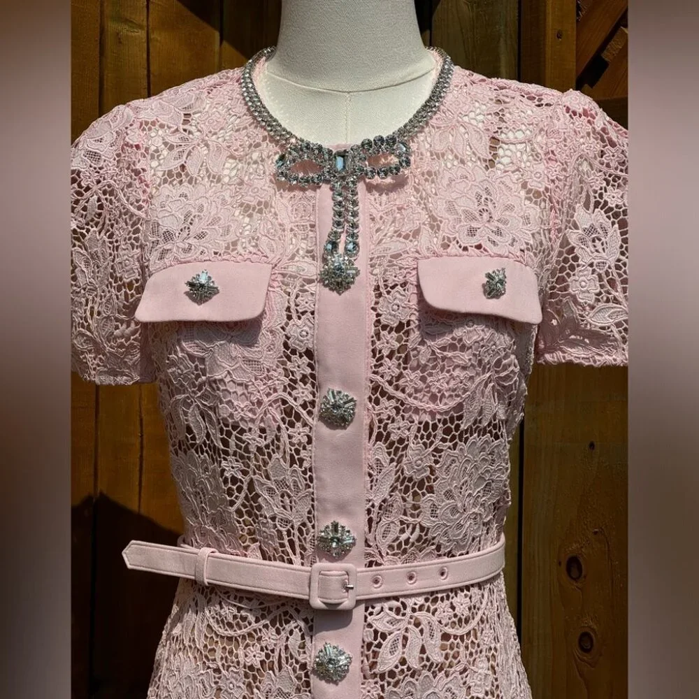 🆕 SELF-PORTRAIT 🧿 BNWOT Pink Lace Diamante Bow Midi Dress, Sz US 4 / UK 8 - Picture 12 of 16